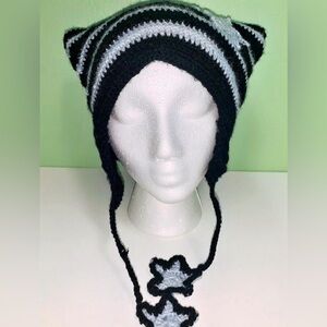 Crochet Striped Cat Ear Beanie with Star Accents